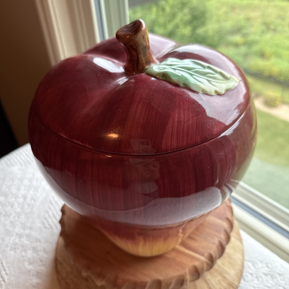 Vintage Red Ceramic Apple Cookie Jar With Lid 9 X 8" Fruit Decor Retro